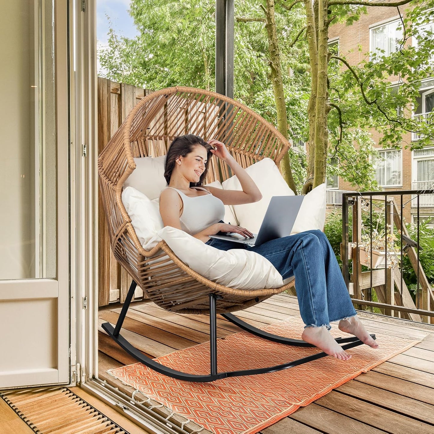 Wicker Egg Chair,Oversized Outdoor Indoor Rocking Chair,Large PE Rattan Rocking Chair with Cushion for Patio, Balcony, Backyard, Garden