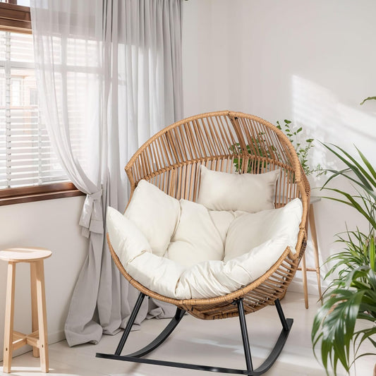 Wicker Egg Chair,Oversized Outdoor Indoor Rocking Chair,Large PE Rattan Rocking Chair with Cushion for Patio, Balcony, Backyard, Garden