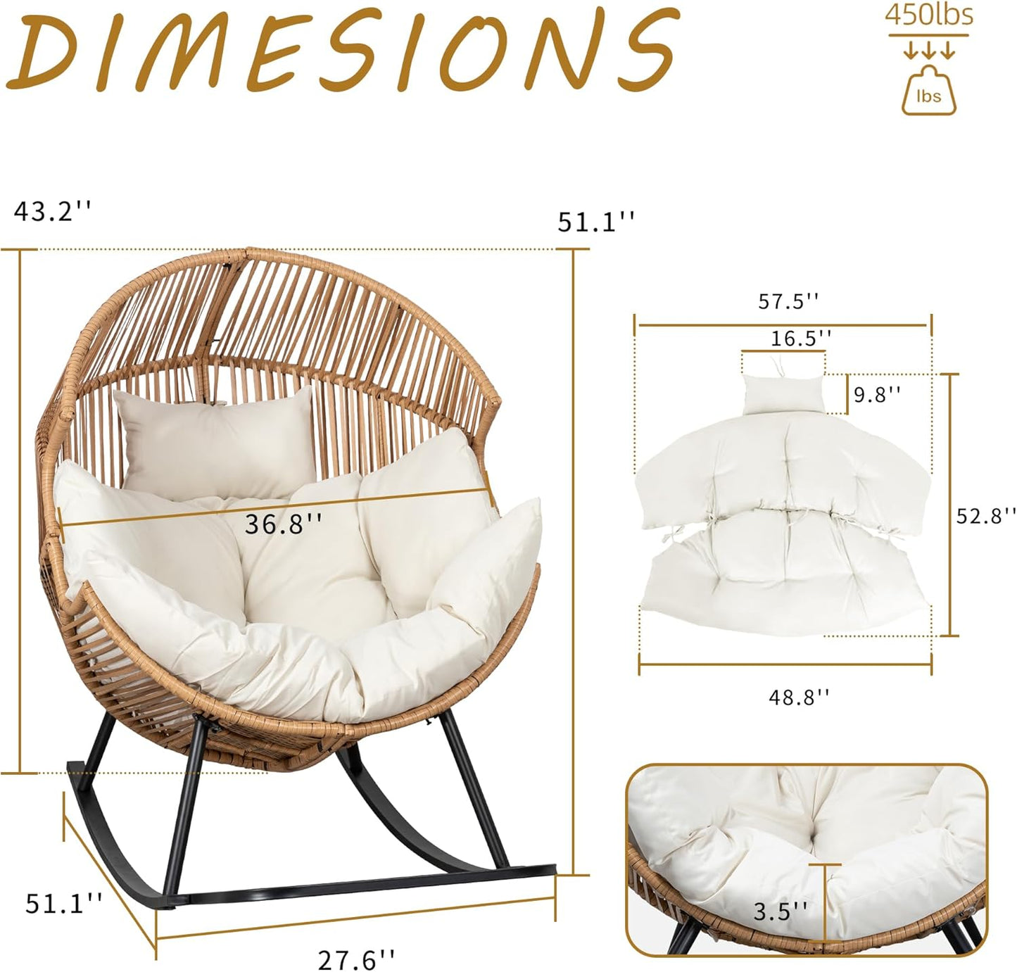 Wicker Egg Chair,Oversized Outdoor Indoor Rocking Chair,Large PE Rattan Rocking Chair with Cushion for Patio, Balcony, Backyard, Garden