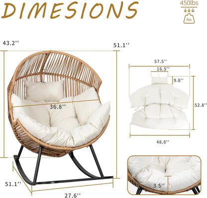 Wicker Egg Chair,Oversized Outdoor Indoor Rocking Chair,Large PE Rattan Rocking Chair with Cushion for Patio, Balcony, Backyard, Garden
