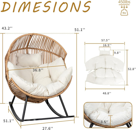Wicker Egg Chair,Oversized Outdoor Indoor Rocking Chair,Large PE Rattan Rocking Chair with Cushion for Patio, Balcony, Backyard, Garden