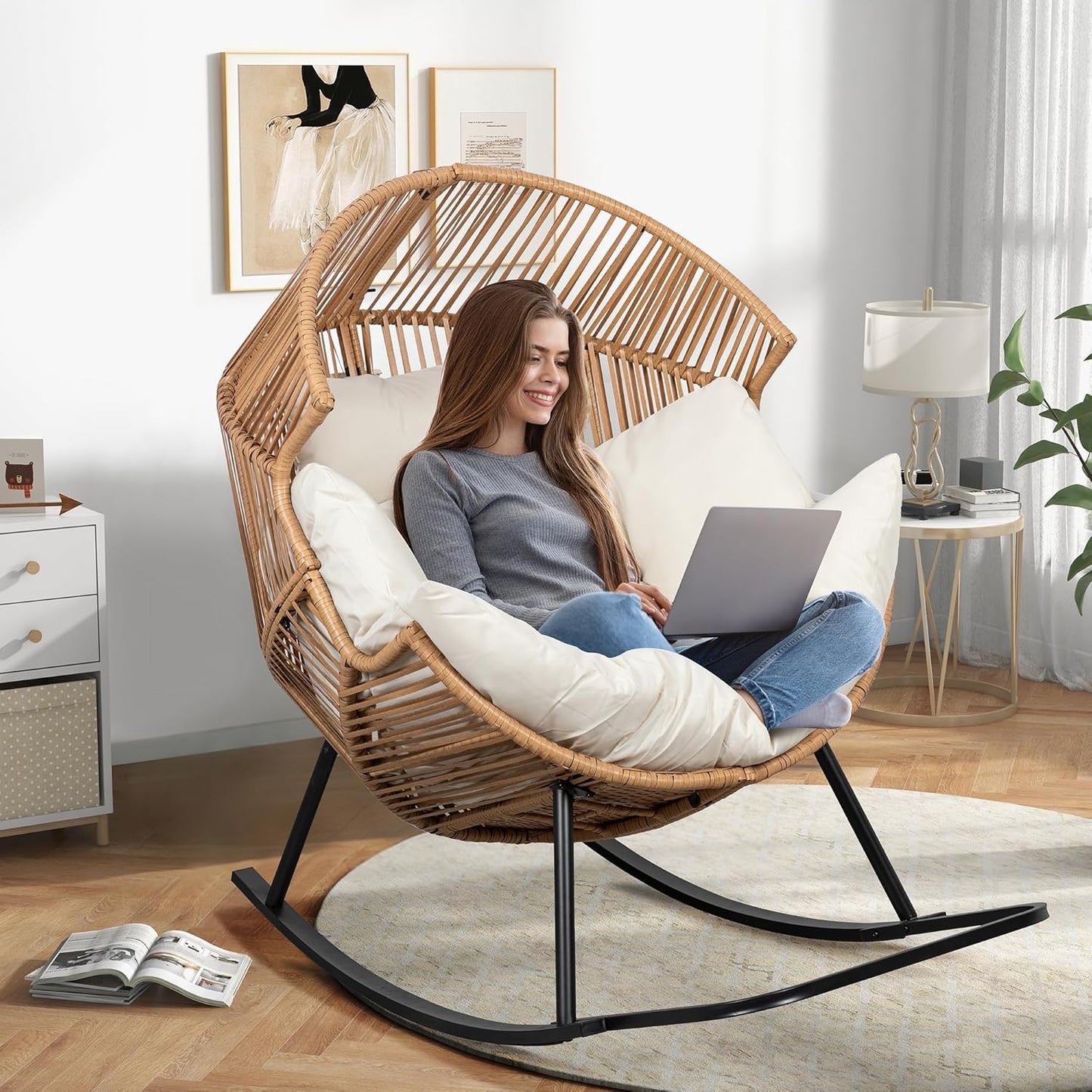 Wicker Egg Chair,Oversized Outdoor Indoor Rocking Chair,Large PE Rattan Rocking Chair with Cushion for Patio, Balcony, Backyard, Garden