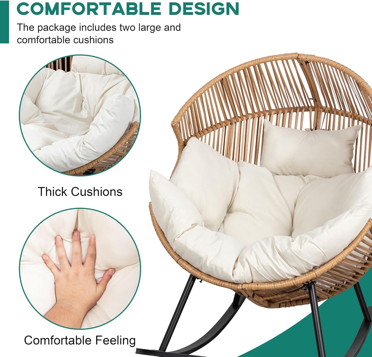 Wicker Egg Chair,Oversized Outdoor Indoor Rocking Chair,Large PE Rattan Rocking Chair with Cushion for Patio, Balcony, Backyard, Garden