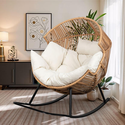 Wicker Egg Chair,Oversized Outdoor Indoor Rocking Chair,Large PE Rattan Rocking Chair with Cushion for Patio, Balcony, Backyard, Garden