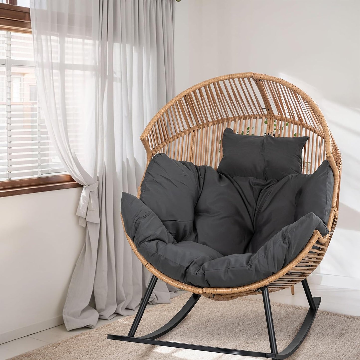 Wicker Egg Chair,Oversized Outdoor Indoor Rocking Chair,Large PE Rattan Rocking Chair with Cushion for Patio, Balcony, Backyard, Garden